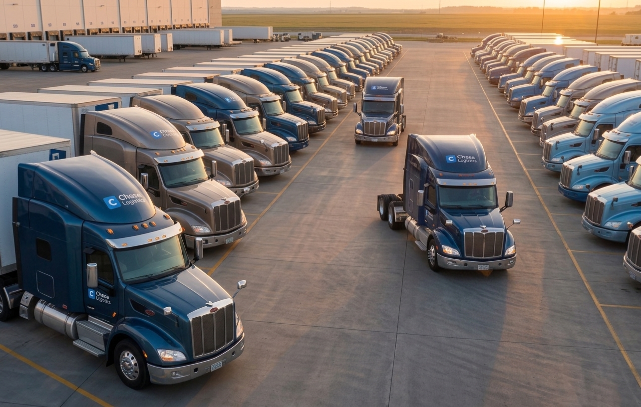 Chase Logistics fleet yard at sunset with rows of branded trucks