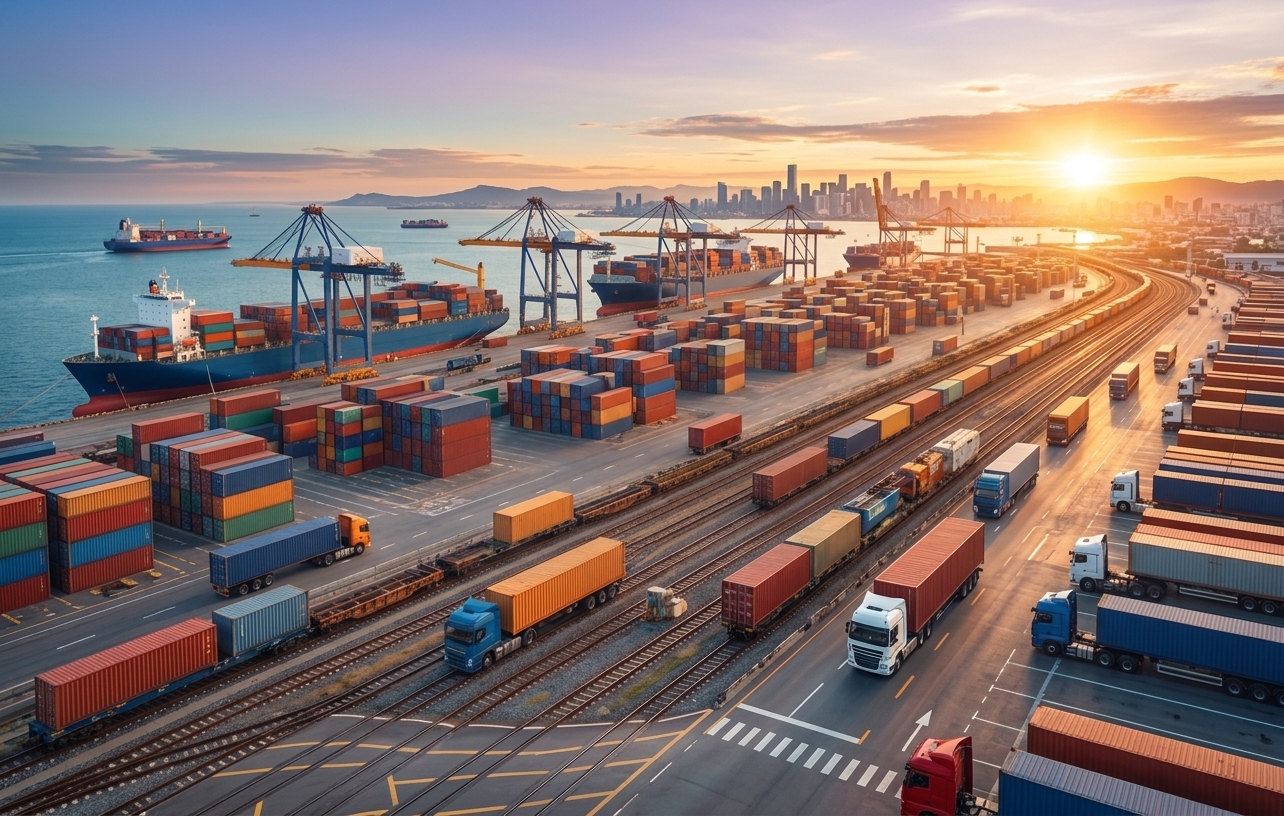 Chase Logistics trucks moving through a freight terminal with real-time tracking infrastructure