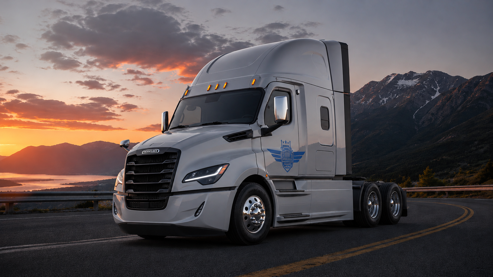 Chase Logistics semi truck driving through mountain roads at sunset